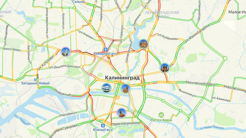 Половина города красная: Калининград под вечер пятницы встал в пробках - Новости Калининграда | Скриншот сервиса «Яндекс. Карты»