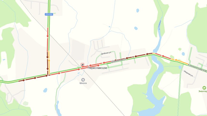 Из-за ДТП на старой светлогорской трассе в районе развязки в Переславском собралась пробка - Новости Калининграда | Скриншот сервиса «Яндекс. Карты»
