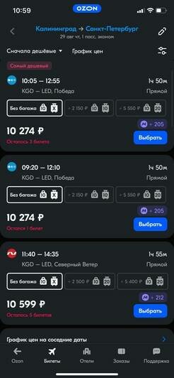 Стоимость перелёта из Санкт-Петербурга в Калининград 29 августа  | Скриншоты с агрегаторов «Ависайлс» и «Озон», компании «Победа», «Nordwind Aitlines» 