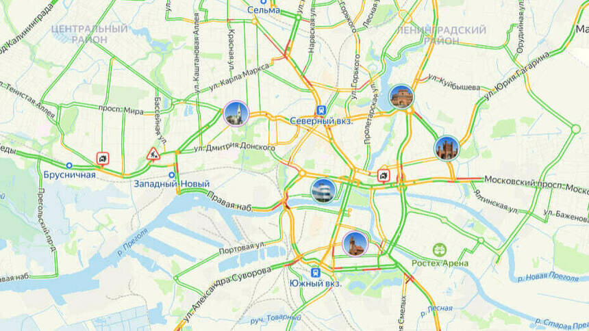 Две аварии: карта пробок в Калининграде на утро четверга - Новости Калининграда | Скриншот сервиса «Яндекс. Карты»