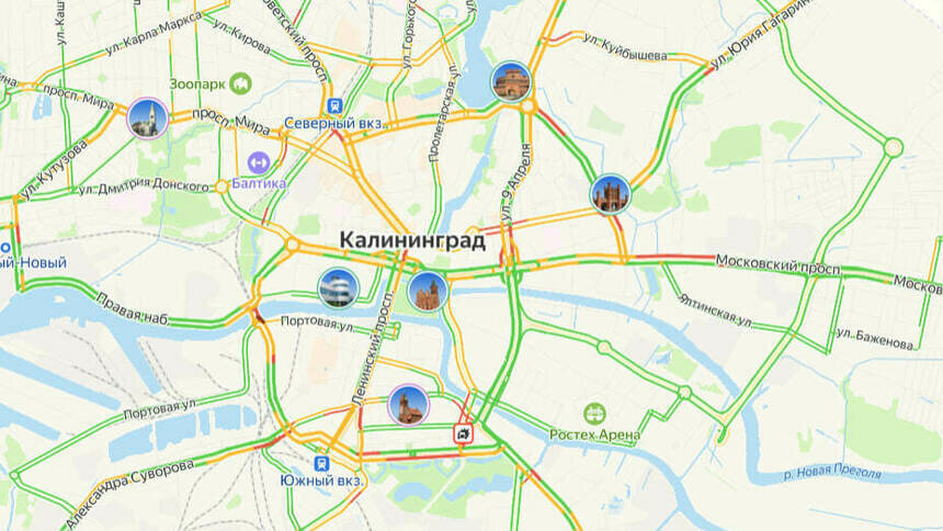 Одна авария: карта пробок в Калининграде на утро понедельника - Новости Калининграда | Скриншот сервиса «Яндекс. Карты»