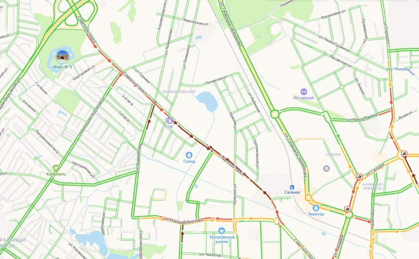 Пробка на Советском проспекте  | Фото: скриншот сервиса «Яндекс Карты»