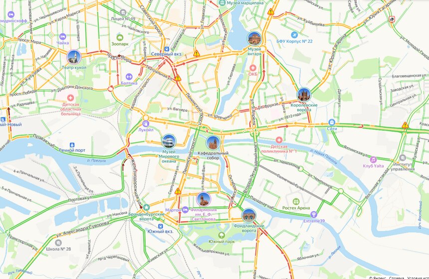 Основные магистрали Калининграда встали в пробках после прибытия помощника президента РФ  - Новости Калининграда | Фото: скриншот сервиса «Яндекс Карты»