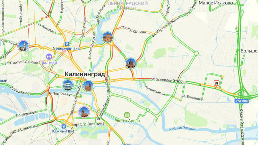 Ситуация — 6 баллов: карта пробок в Калининграде на утро понедельника - Новости Калининграда | Скриншот сервиса «Яндекс. Карты»