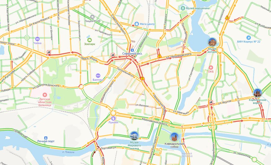 Пять ДТП остановили движение транспорта в двух районах Калининграда  - Новости Калининграда | Иллюстрация: скриншот сервиса «Яндекс.Карты» 