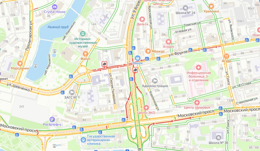Пять ДТП остановили движение транспорта в двух районах Калининграда  - Новости Калининграда | Иллюстрация: скриншот сервиса «Яндекс.Карты» 