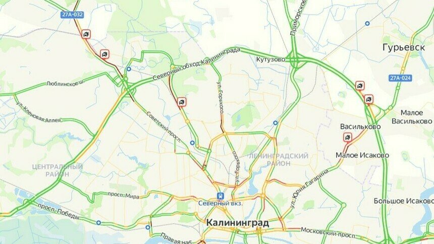 На выездах из Калининграда утром в пятницу собрались километровые пробки - Новости Калининграда | Скриншот сервиса «Яндекс. Карты»