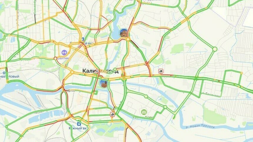 2 аварии и красный центр: карта пробок в Калининграде на утро среды - Новости Калининграда | Скриншот сервиса «Яндекс. Карты»