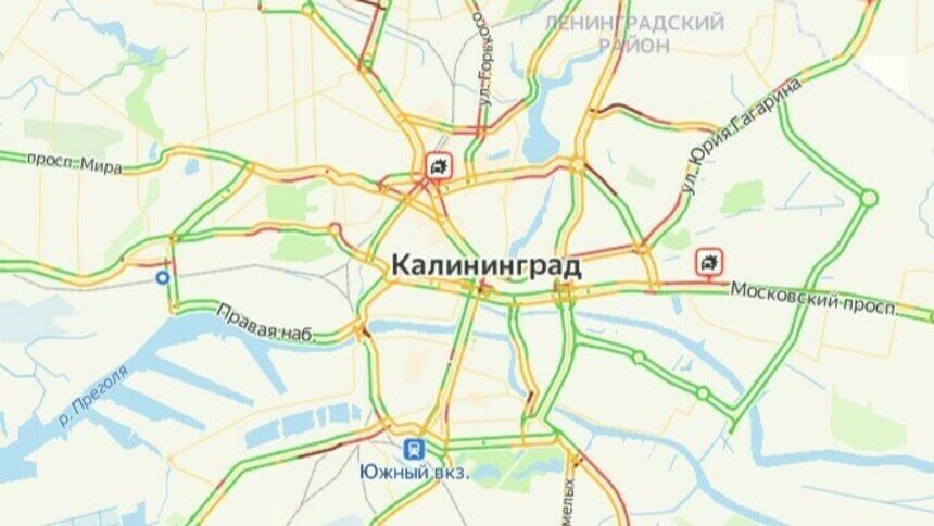 Три ДТП: карта пробок в Калининграде на утро вторника - Новости Калининграда | Скриншот сервиса «Яндекс. Карты»