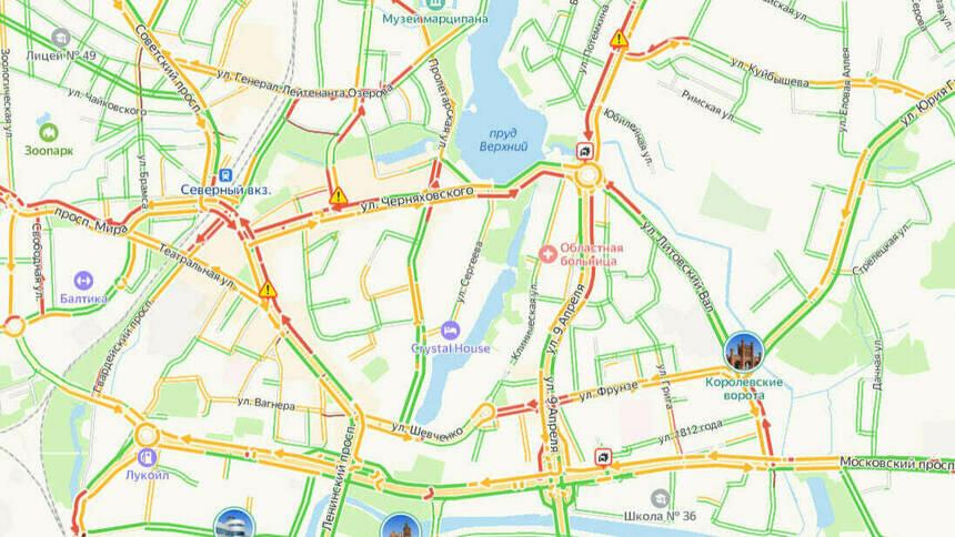 Из-за ДТП на Василевского и Моспроспекте центр Калининграда встал в пробках - Новости Калининграда | Скриншот сервиса «Яндекс. Карты»