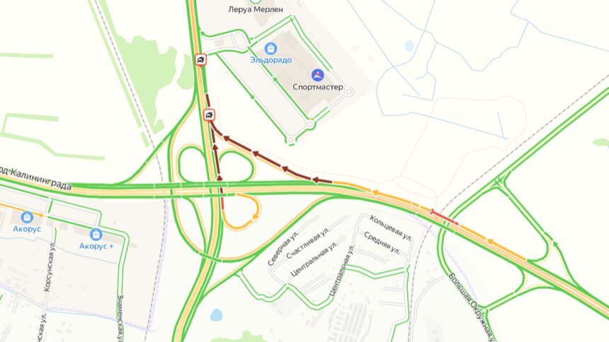 Возле ТЦ «Балтия Молл» произошло ДТП, на окружной собирается пробка - Новости Калининграда | Скриншот сервиса  «Яндекс.Карты»