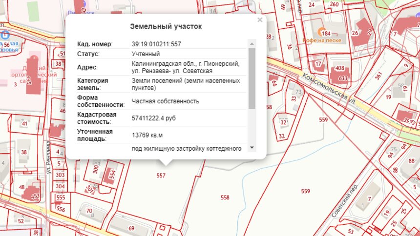 Пустырь в центре Пионерского разрешили застроить многоэтажками  - Новости Калининграда | Скриншот кадастровой карты