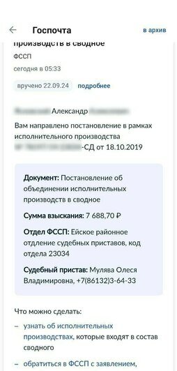 Уведомление на портале Госуслуг и письмо от приставов, которые прислали калининградцу  | Скриншоты предоставил Александр