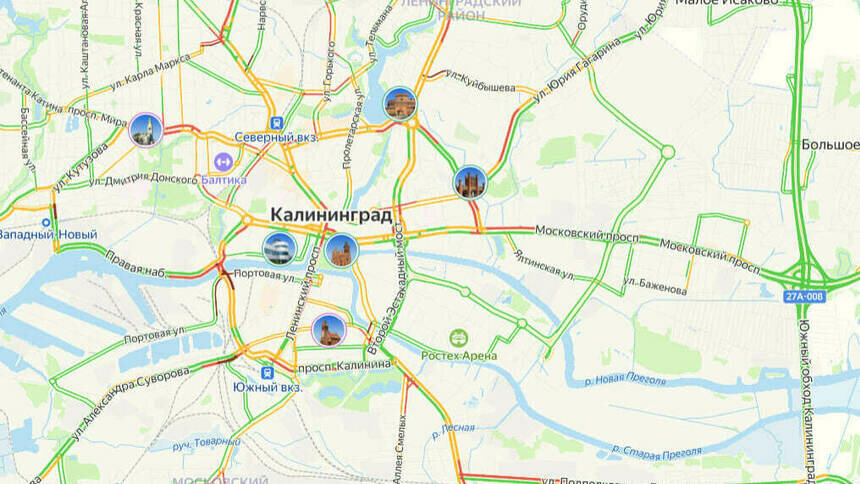 Ситуация — 7 баллов: карта пробок в Калининграде на утро среды - Новости Калининграда | Скриншот сервиса «Яндекс. Карты»