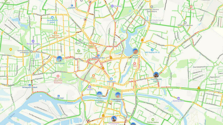 Где не проехать: вечером в пятницу дороги Калининграда собрали 4 ДТП и семибалльные пробки - Новости Калининграда | Скриншот сервиса «Яндекс.Карты»