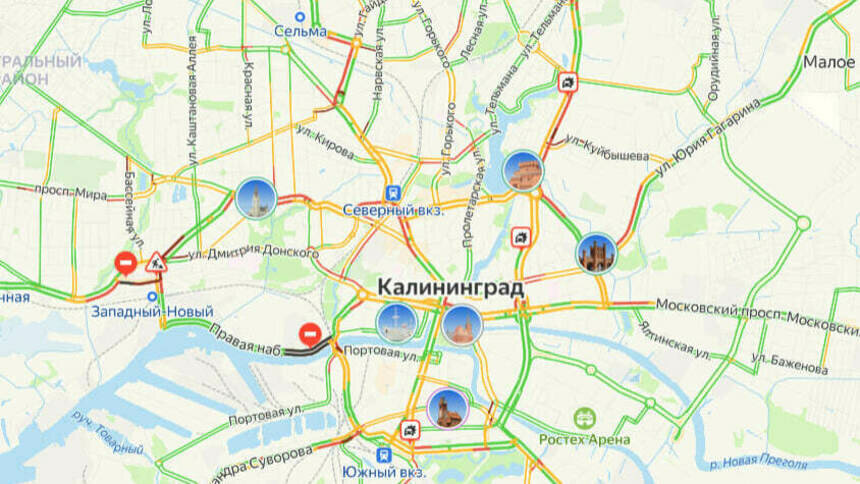 Четыре аварии: карта пробок в Калининграде на утро понедельника - Новости Калининграда | Скриншот сервиса «Яндекс. Карты»