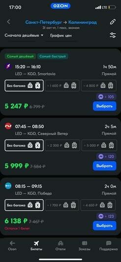 Стоимость перелёта из Санкт-Петербурга в Калининград на 31 октября | Скриншот агрегаторов «Авиасейлс» и Ozon, сайтов «Победа», Smartavia и Nordwind Airlines 