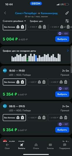 Стоимость перелёта из Санкт-Петербурга в Калининград на 30 октября | Скриншоты агрегаторов «Авиасейлс» и Ozon, с сайтов «Победа», «Уральские авиалинии» и Smartavia