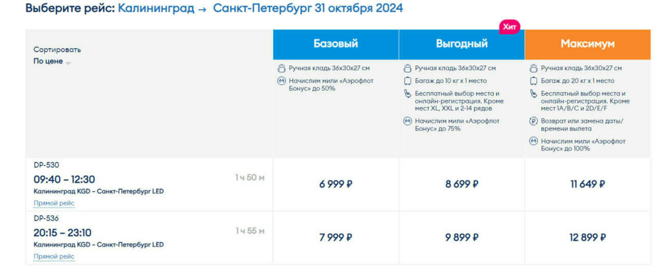Стоимость перелёта из Калининграда в Санкт-Петербург 31 октября | Скриншот агрегаторов «Авиасейлс» и Ozon, сайтов «Победа» и Smartavia»