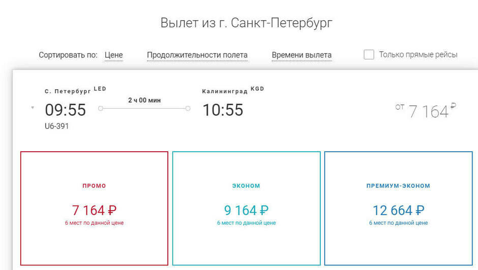 Стоимость перелёта из Санкт-Петербурга в Калининград на 1 ноября  | Скриншот агрегаторов «Авиасейлс» и Ozon, сайта «Уральские авиалинии» и Smartavia