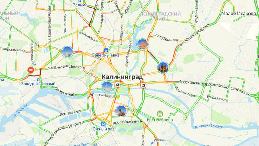 Две аварии: карта пробок в Калининграде на утро вторника - Новости Калининграда | Скриншот сервиса «Яндекс. Карты»