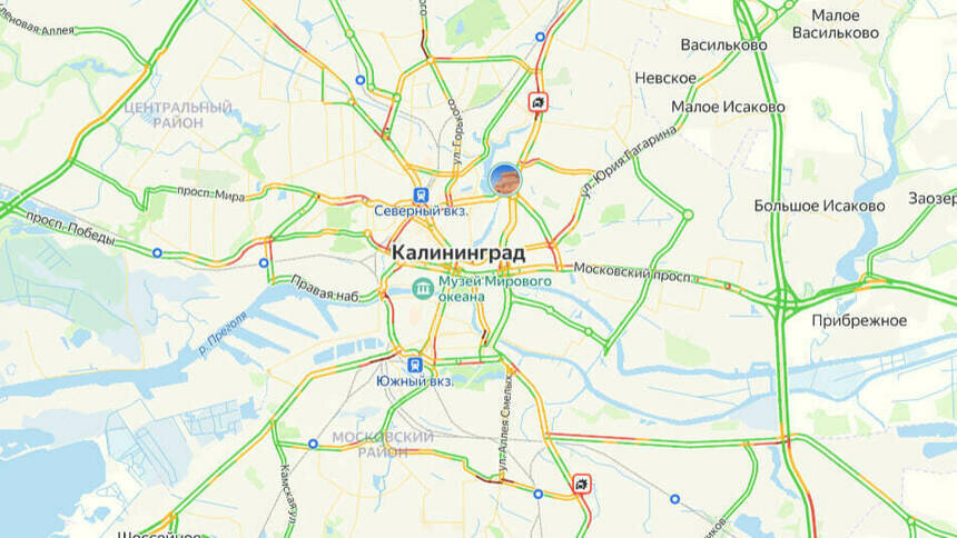 Две аварии: карта пробок в Калининграде на утро понедельника - Новости Калининграда | Скриншот сервиса «Яндекс. Карты»