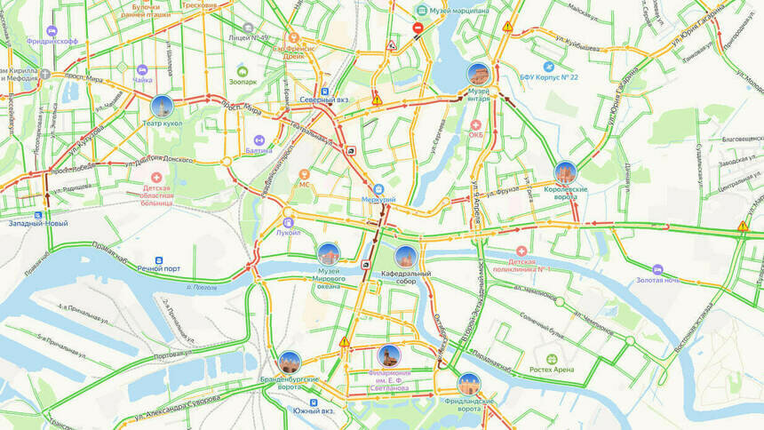 «Стоит колом»: вечером в пятницу калининградцы застряли в восьмибалльных пробках - Новости Калининграда | Скриншот сервиса «Яндекс.Карты»