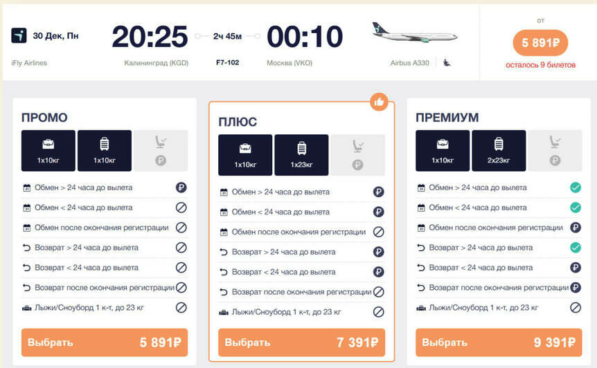 Стоимость перелёта из Калининграда в Москву 30 декабря  | Скриншот агрегатора «Авиасейлс» и Ozon, сайта iFly Airlines и Nordwind Airlines