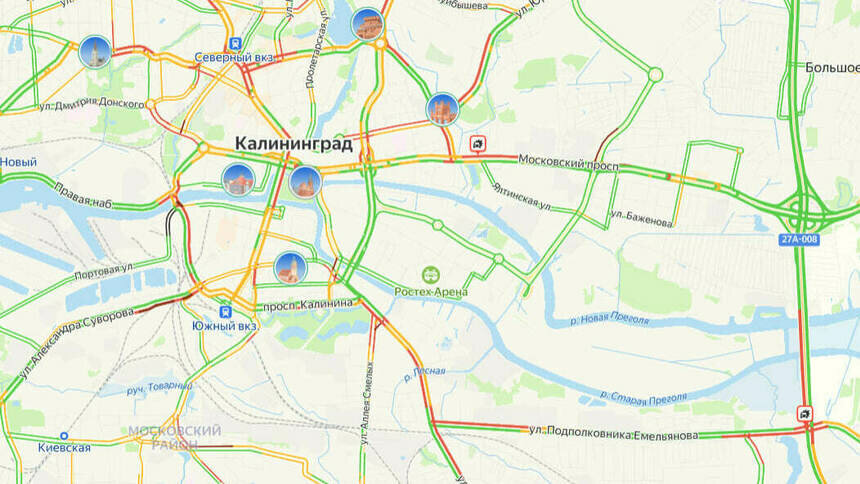 Две аварии: карта пробок в Калининграде на утро вторника - Новости Калининграда | Скриншот сервиса «Яндекс. Карты»