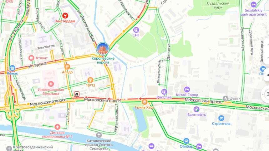 Авария и километровые заторы: карта пробок в Калининграде на утро среды - Новости Калининграда | Фото: Скриншот сервиса «Яндекс.Карты»