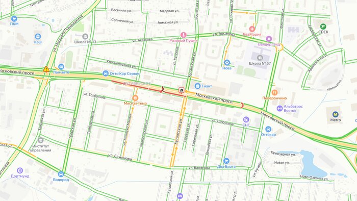Очевидец: столкновение внедорожника и седана образовало пробку на Московском проспекте (фото)  - Новости Калининграда | Иллюстрация: скриншот сервиса «Яндекс.Карты» 
