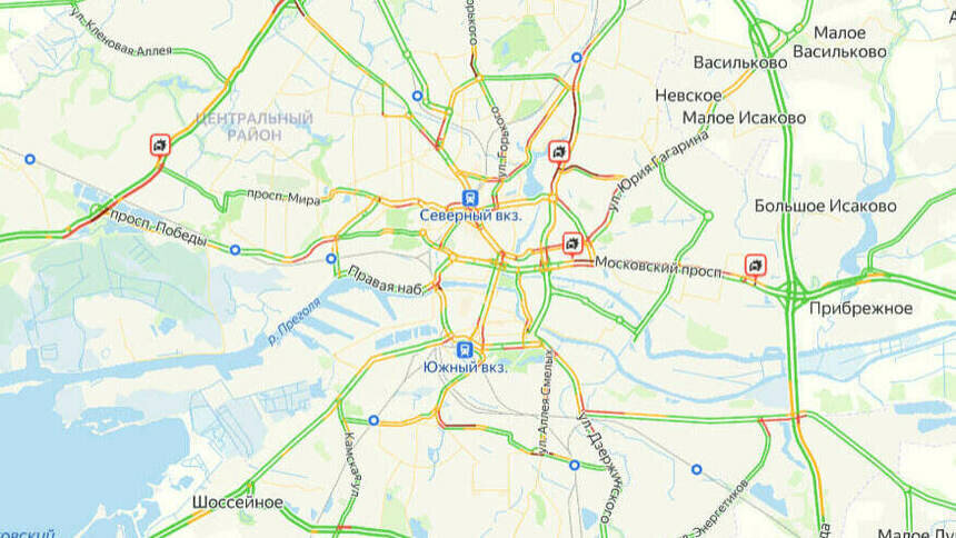 5 ДТП: карта пробок в Калининграде на утро среды - Новости Калининграда | Скриншот сервиса «Яндекс.Карты»