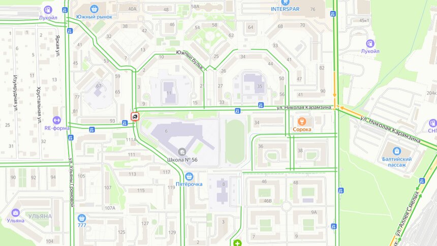 Четыре автобусных маршрута в Калининграде пустили в объезд из-за аварии на Николая Карамзина  - Новости Калининграда | Иллюстрация: скриншот сервиса «Яндекс.Карты»