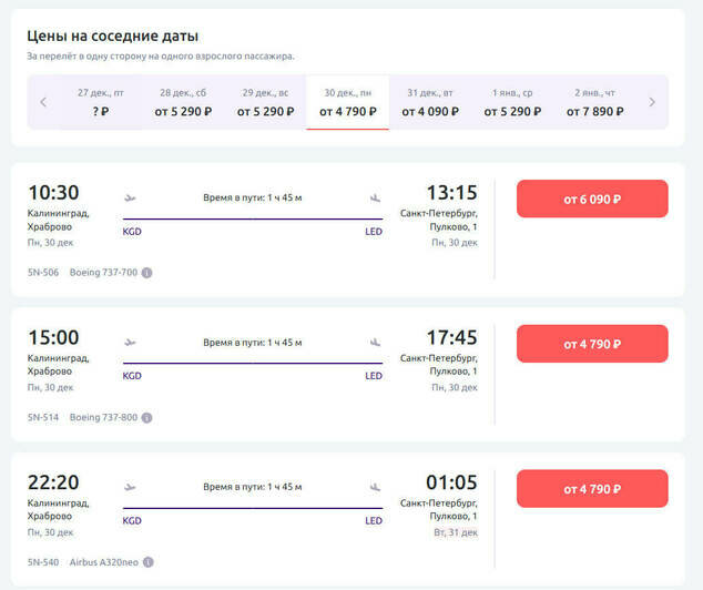 Стоимость перелёта из Калининграда в Санкт-Петербург 30 декабря  | Скриншот агрегаторов «Авиасейлс» и Ozon, сайтов Smartavia, «Победа», «Уральские авиалинии» и Nordwind Airlines