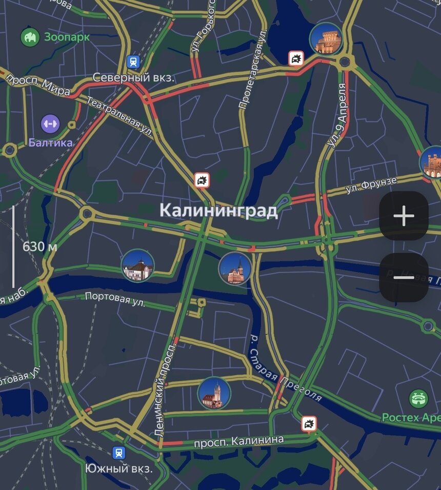 Шесть ДТП и пятибалльные пробки: карта заторов на вечер пятницы - Новости Калининграда | Фото: Скриншот сервиса «Яндекс. Карты»