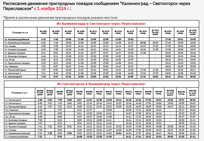 Расписание с сайта Калининградской пригородной пассажирской компании