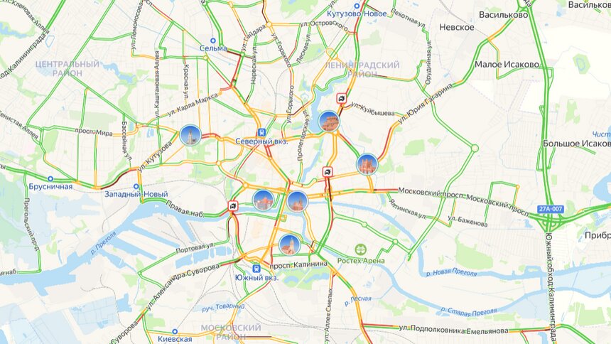 Три ДТП и семь баллов: основные магистрали Калининграда встали в пробках  - Новости Калининграда | Фото: скриншот сервиса «Яндек.Карты»