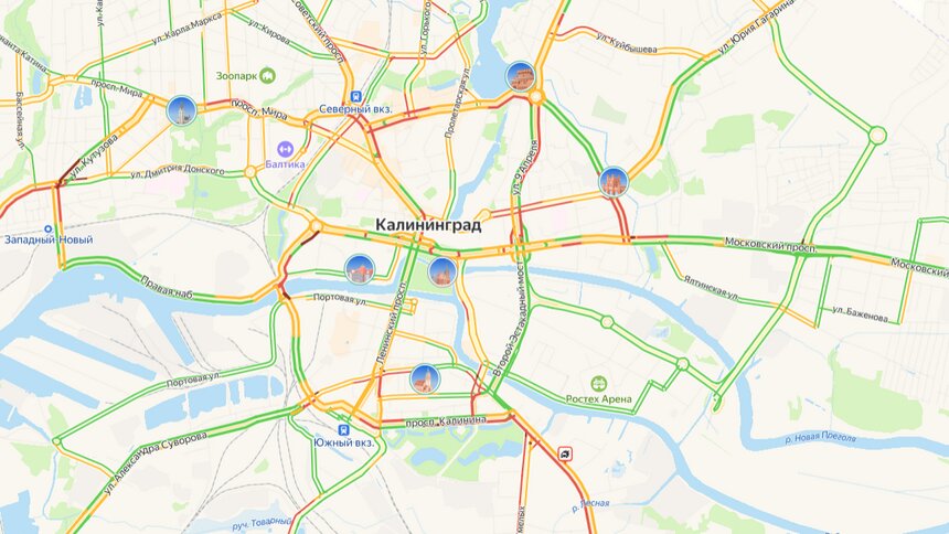 Лучше выезжать заранее: под конец рабочего дня в Калининграде собираются пробки  - Новости Калининграда | Иллюстрация: скриншот сервиса «Яндекс.Карты» 