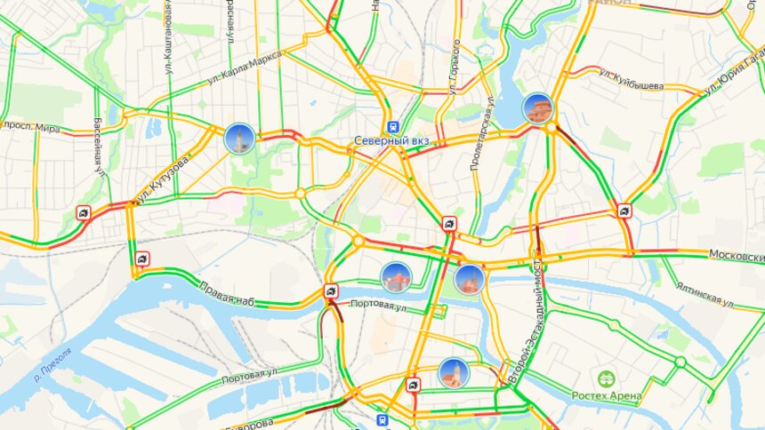 Восемь ДТП и пробки в 7 баллов: дорожная ситуация в Калининграде на утро среды - Новости Калининграда | Фото: Скриншот сервиса «Яндекс. Карты»