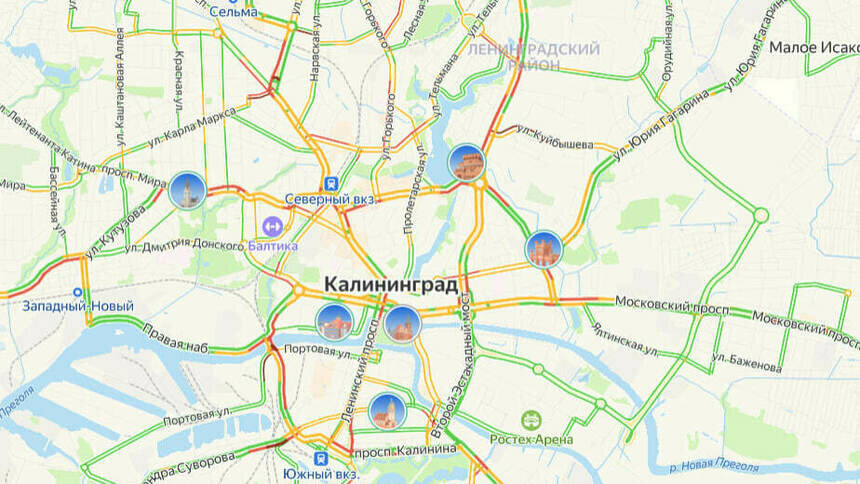 Центр жёлто-красный: карта пробок в Калининграде на утро пятницы - Новости Калининграда | Скриншот сервиса «Яндекс. Карты»