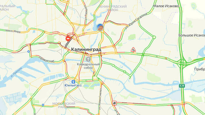 Ситуация — 8 баллов: карта пробок в Калининграде на утро понедельника - Новости Калининграда | Скриншот сервиса «Яндекс. Карты»