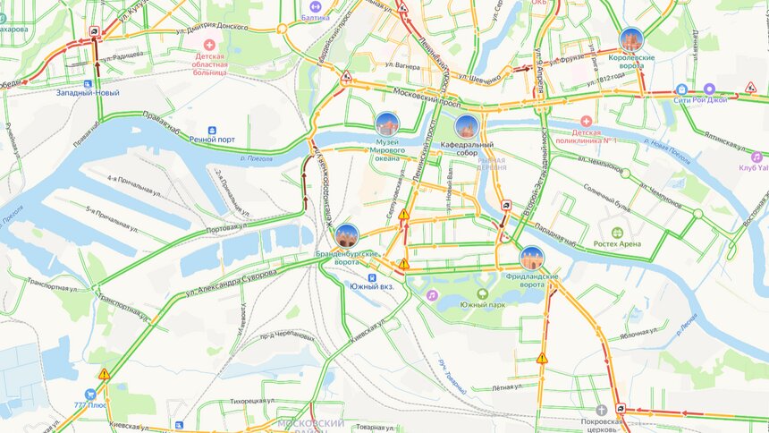 «Лучше бы пешком пошла»: основные магистрали Калининграда встали в жутких пробках  - Новости Калининграда | Иллюстрация: скриншот сервиса «Яндекс.Карты» 