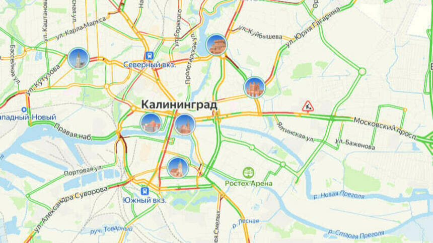 Ситуация — 7 баллов: карта пробок в Калининграде на утро вторника - Новости Калининграда | Скриншот сервиса «Яндекс. Карты»