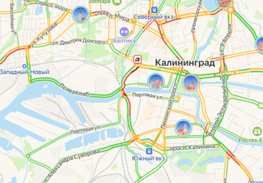 Из-за ДТП в районе двухъярусного моста собирается крупная пробка - Новости Калининграда | Иллюстрация: скриншот сервиса «Яндекс.Карты»