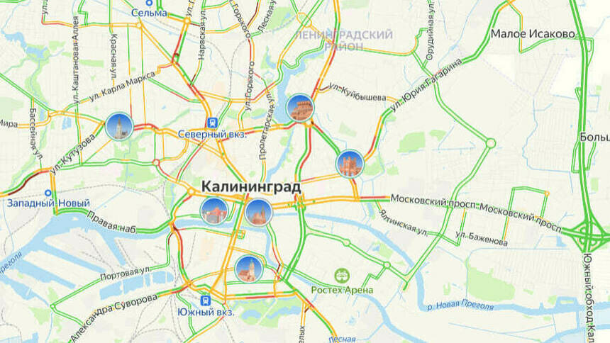 Центр жёлто-красный: карта пробок в Калининграде на утро среды - Новости Калининграда | Скриншот сервиса «Яндекс. Карты»