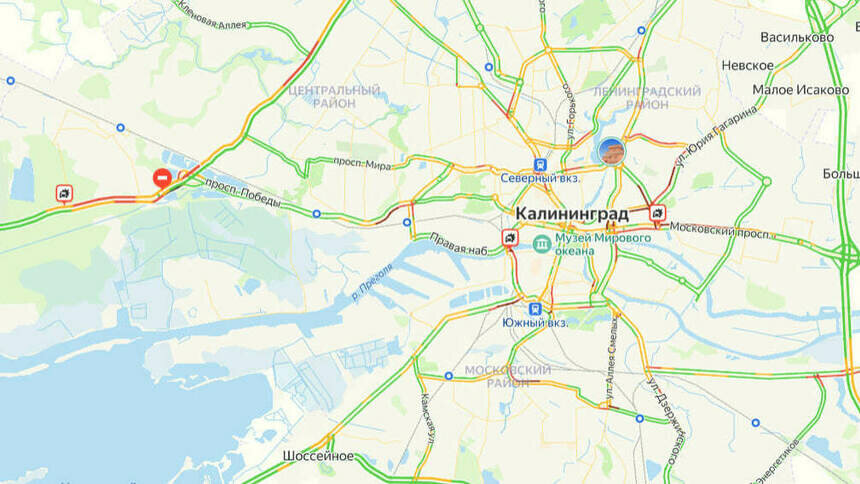 Три аварии: карта пробок в Калининграде на утро понедельника - Новости Калининграда | Скриншот сервиса «Яндекс. Карты»