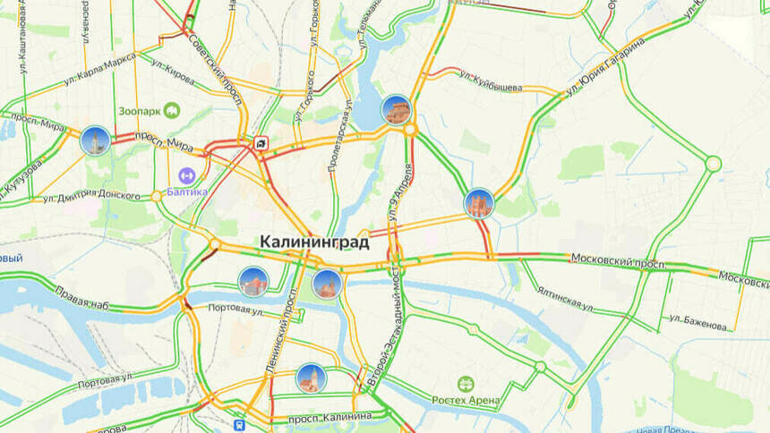 ДТП на площади Победы и красный центр: карта пробок в Калининграде на утро пятницы - Новости Калининграда | Скриншот сервиса «Яндекс. Карты»