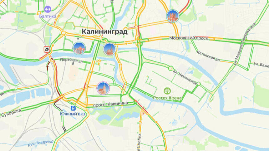 В центре проехать сложно: карта пробок в Калининграде на утро понедельника - Новости Калининграда | Скриншот сервиса «Яндекс.Карты»