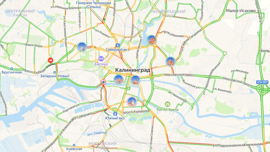 ДТП на мосту и затор в 1,6 км: карта пробок в Калининграде утром вторника  - Новости Калининграда | Иллюстрация: скриншот сервиса «Яндекс.Карты» 