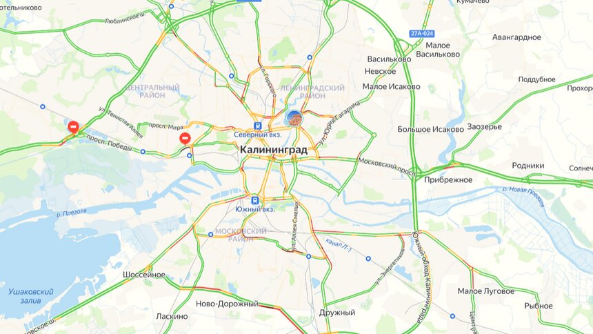 «Тащились как черепахи, еле успела на работу»: утром среды калининградские водители застряли в 7-балльных пробках  - Новости Калининграда | Иллюстрация: скриншот сервиса «Яндекс.Карты» 